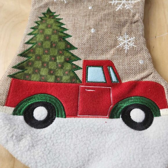 Hobby Lobby Red Truck Woven Christmas Stocking Embroidered Burlap Mantle Decor - Picture 3 of 5